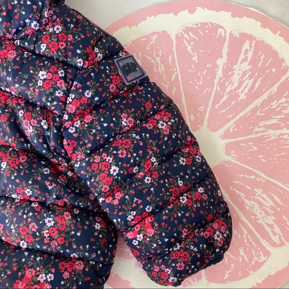 Baby Gap floral puffer coat 6-12 months navy and pink primaloft fill - Picture 2 of 7